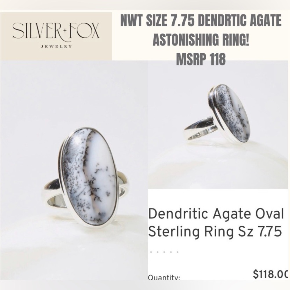 NWT SILVER FOX DENDRITIC AGATE & STERLING SILVER RING! STUNNING! AAA QUALITY!